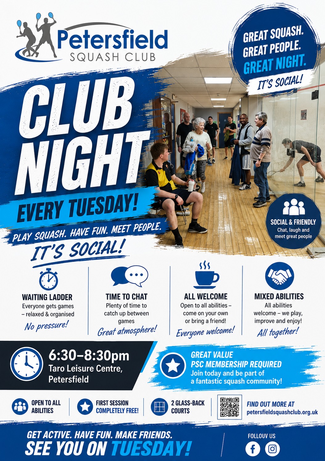 Petersfield Squash Club Night — every Tuesday 6.30pm-8.30pm at Taro Leisure Centre, first session free