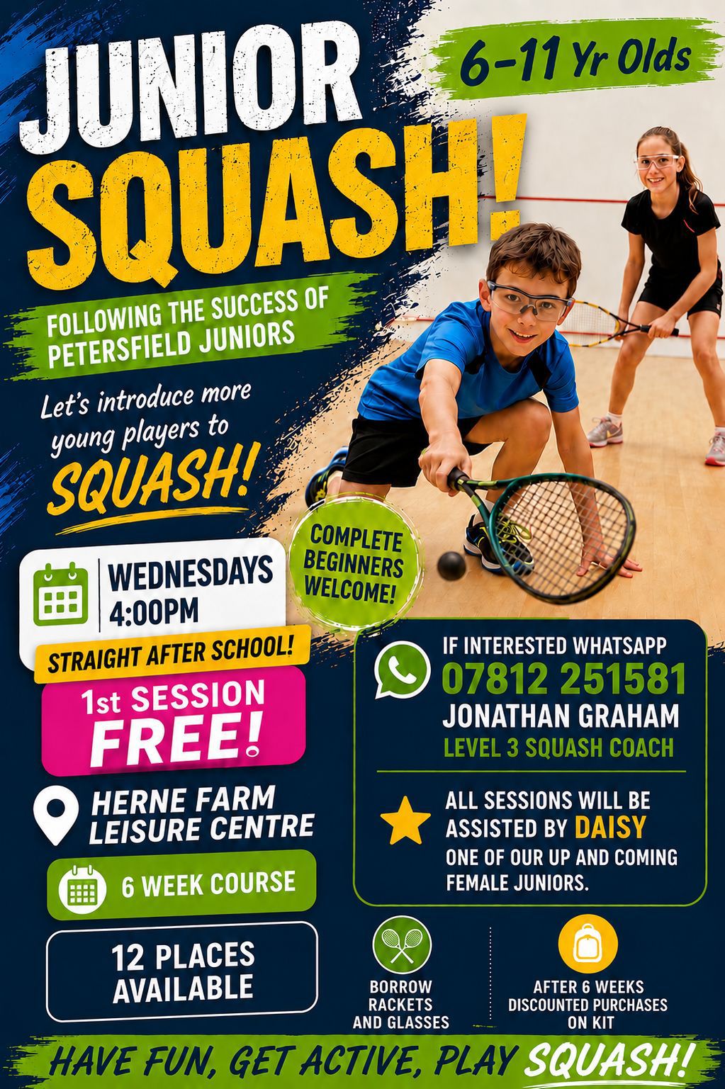 Junior Squash at Herne Farm Leisure Centre — Wednesdays 4pm, 6-11 year olds, first session free